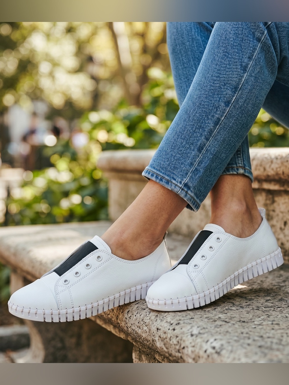 Bernie Mev TW65 White Genuine Leather Slip-On Sneakers with Black Elastic Panel